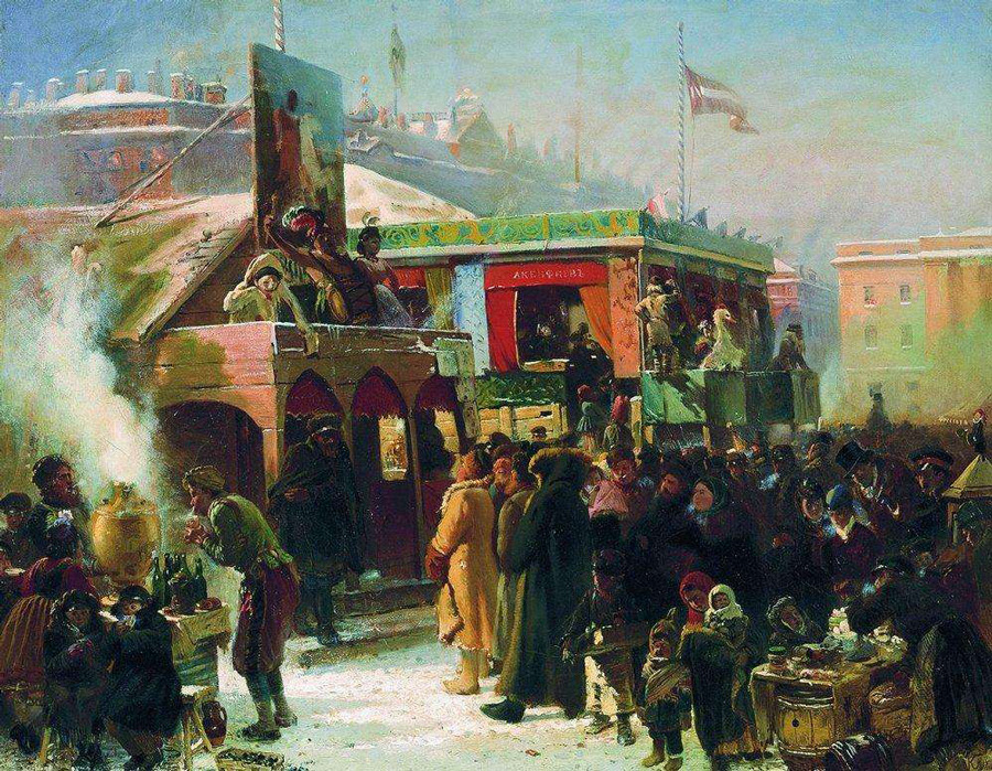 Маковский. Народное гулянье во время масленицы на Адмиралтейской площади в Петербурге 1869. 